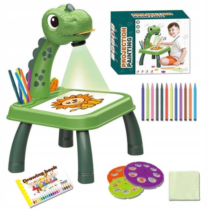 STOLIK DO NAUKI RYSOWANIA DINO TABLICA PROJEKTOR 24 wzory 12 pisaków