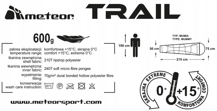 Śpiwór mumia turystyczny kempingowy ciepły z kapturem Meteor Trail 215 cm