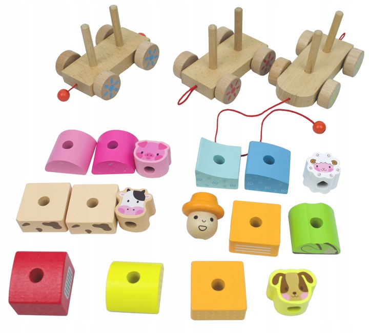 LT333 NOWY DREWNIANY POCIĄG Z WAGONAMI I KLOCKAMI WIEJSKA SCENERIA