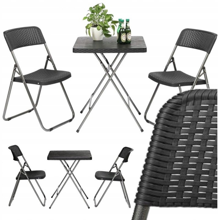 ZESTAW BISTRO 3W1 STÓŁ + 2 KRZESŁA IMITACJA RATTANU ZESTAW BALKONOWY CZARNY