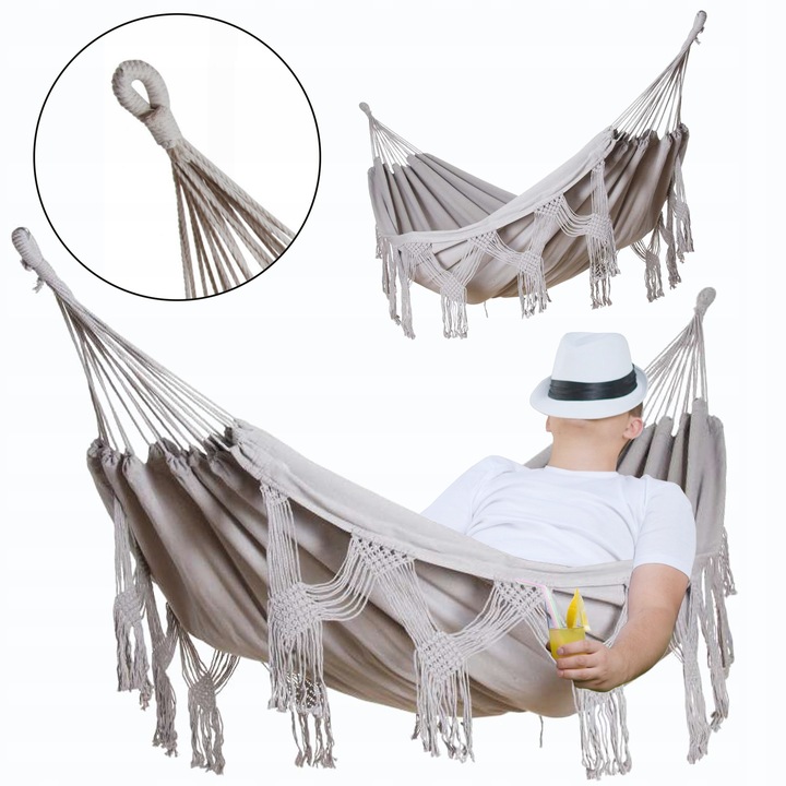 DUŻY DWUOSOBOWY HAMAK OGRODOWY BOHO MAKRAMA MIDAS 2 160x220 XXL SZARY
