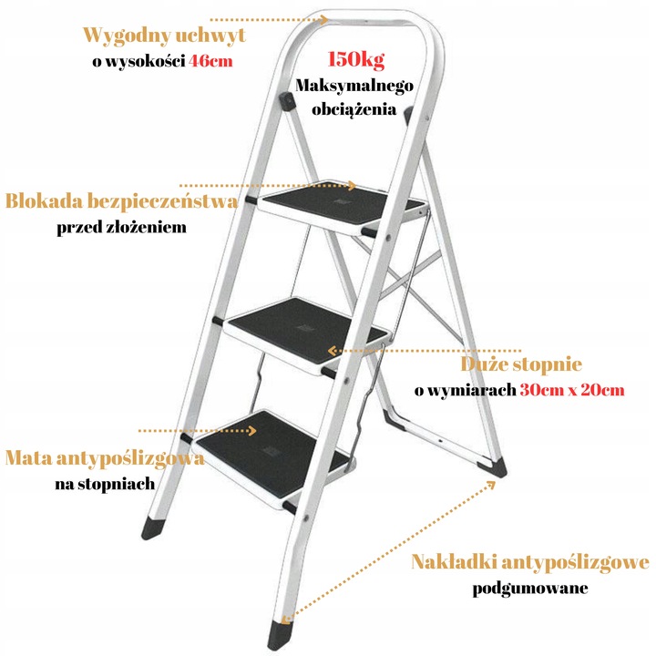 DRABINA SKŁADANA BIAŁA WĄSKA 3STOPNIOWA 150kg ATEST CERTYFIKAT EU ePlatinum