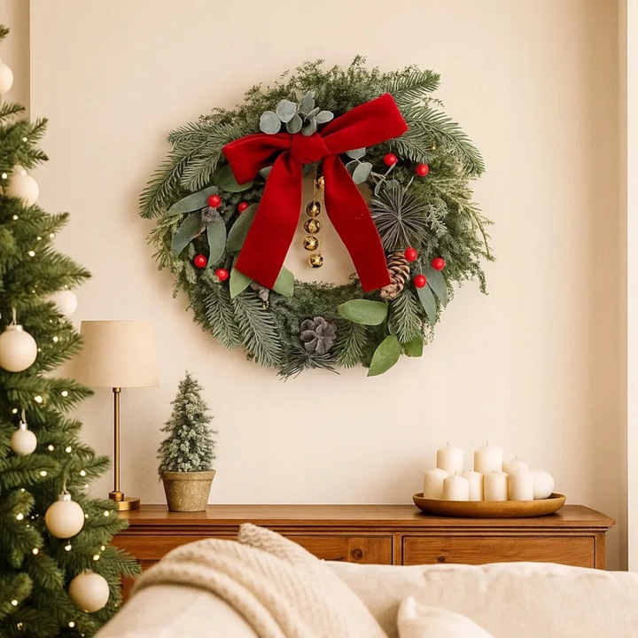 Wianek na drzwi świąteczny z czerwoną kokardą wieniec Altom Design 32 cm