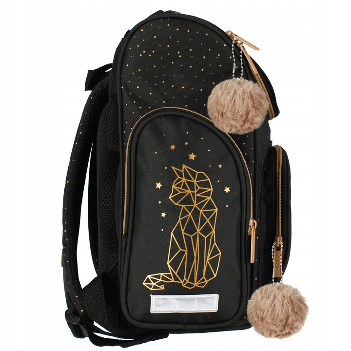 TORNISTER SZKOLNY PLECAK DLA DZIEWCZYNKI KOTEK CZARNY ZŁOTY WOREK PIÓRNIK