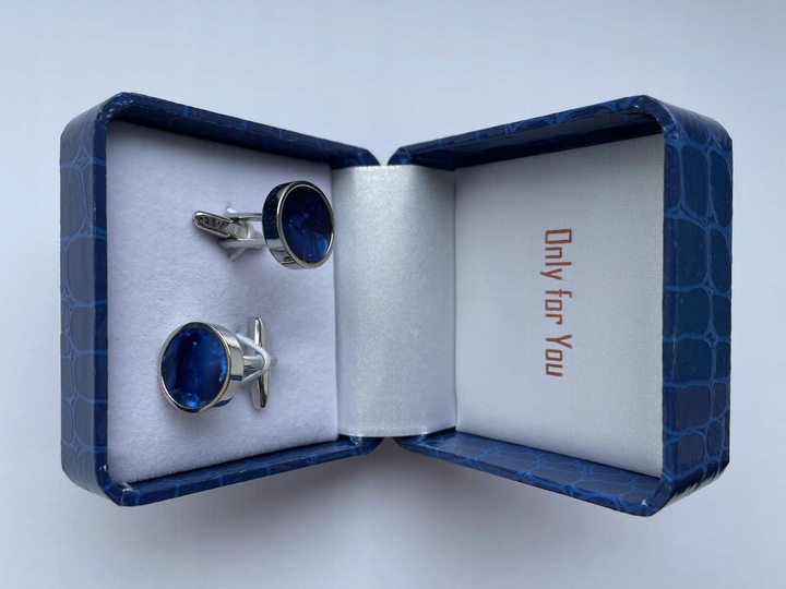 Smokingowe spinki do mankietów EXC Srebrne z Niebieską Masą Perłową + Etui