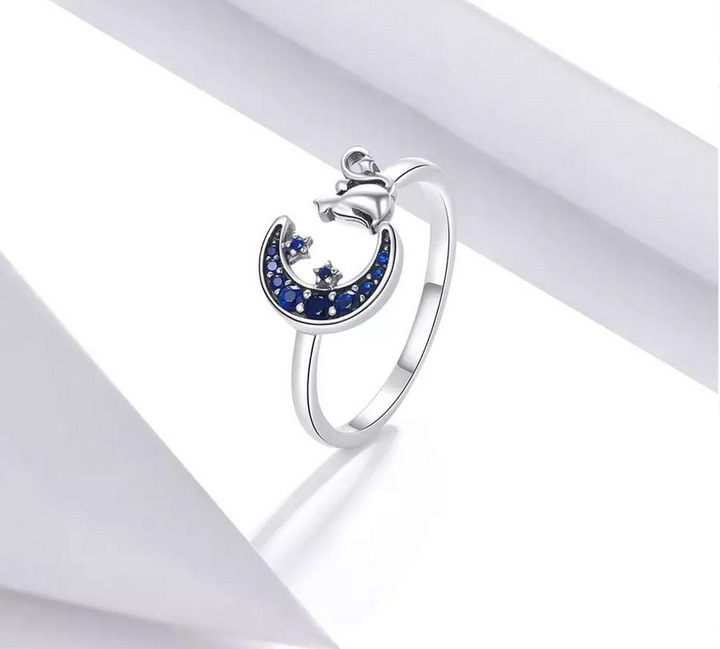 Pierścionek srebrny KSIĘŻYC I KOT regulowany s925 +pudełko