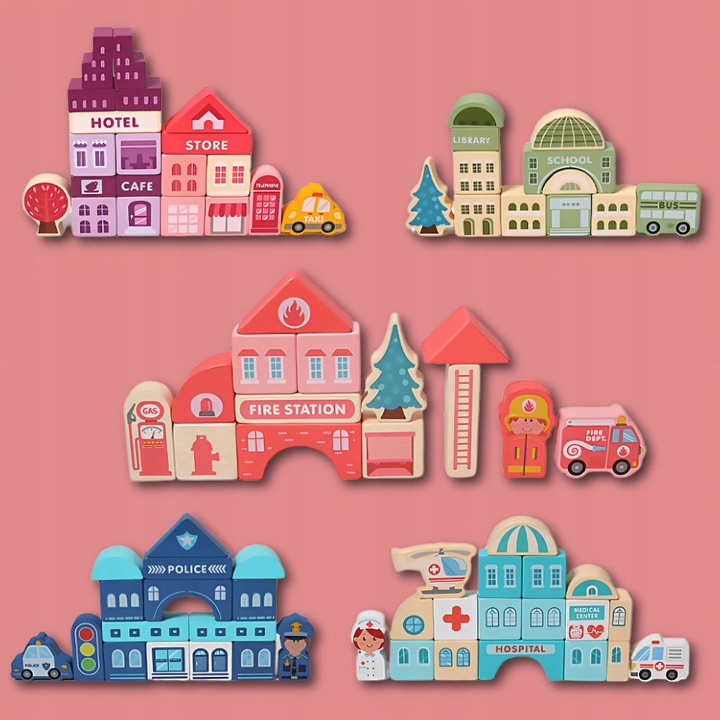 ZESTAW Klocki drewniane Miasto Auta Zestaw Puzzle Mata 115 Klocków EDU