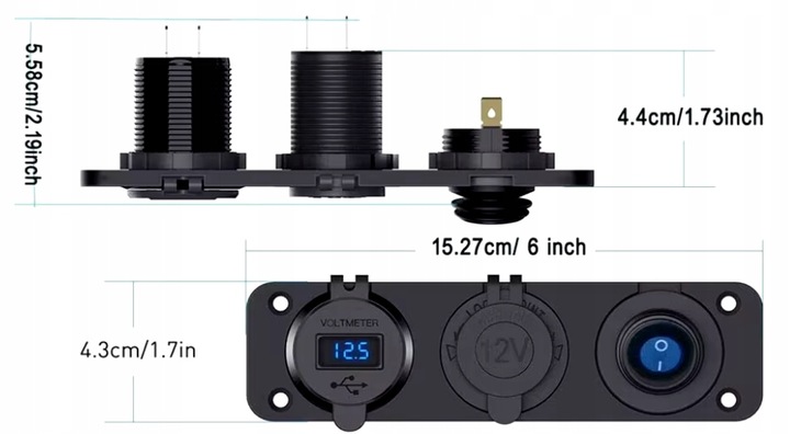 GNIAZDO ZAPALNICZKI Ładowarka USB 2xQC 3.0 WOLTOMIERZ PANEL 3 12/24V Kable