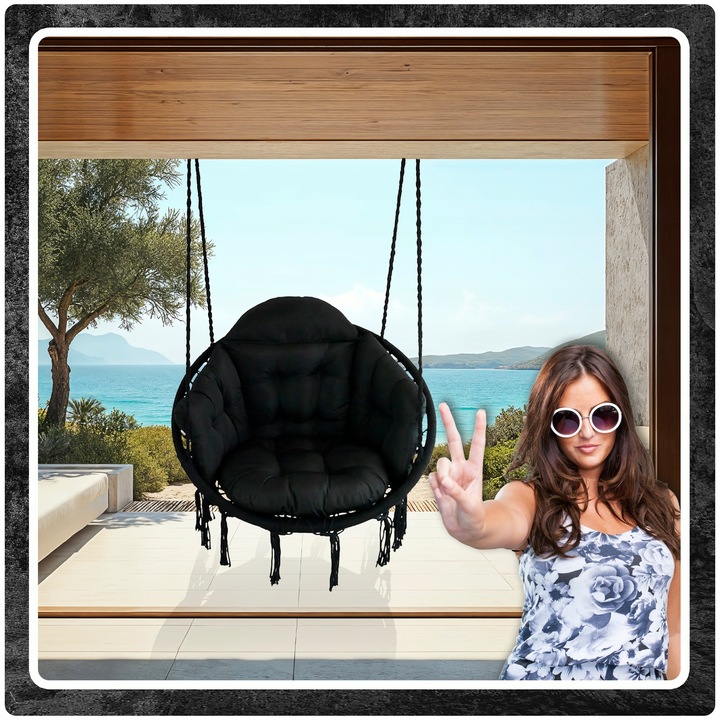 Czarna czarne Bocianie gniazdo huśtawka + PIKOWANA Poduszka XXL + 2 Zestawy