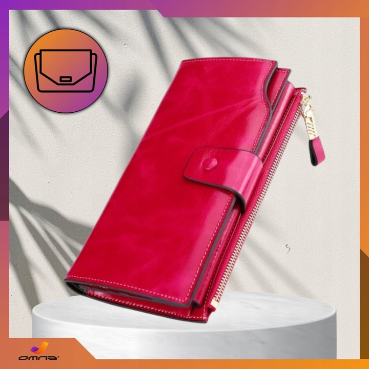 Portfel damski skórzany duży lakierowany pojemny RFID z paskiem czerwony