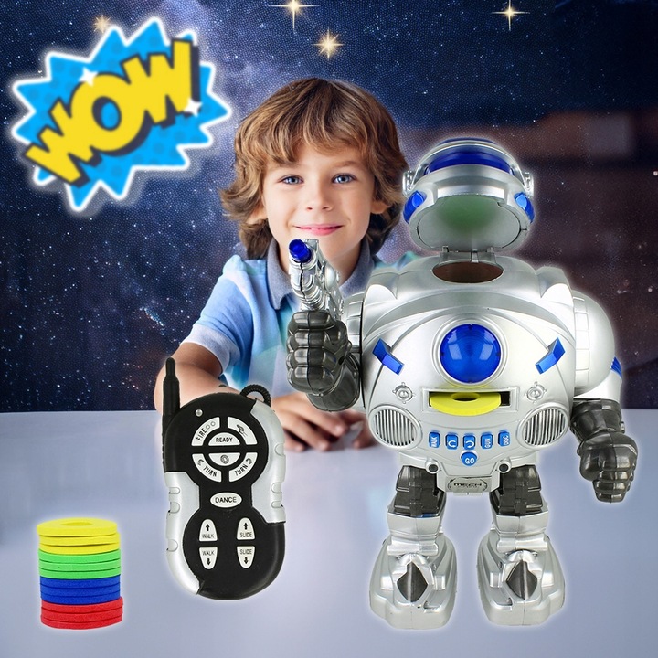 ZDALNIE STEROWANY ROBOT RC STRZELAJĄCY KRĄŻKAMI ZABAWKA INTERAKTYWNA DŹWIĘK