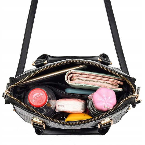 TOREBKA Damska CZARNA EKO Skóra Krokodyla Usztywniana Elegancka Brelok Kot