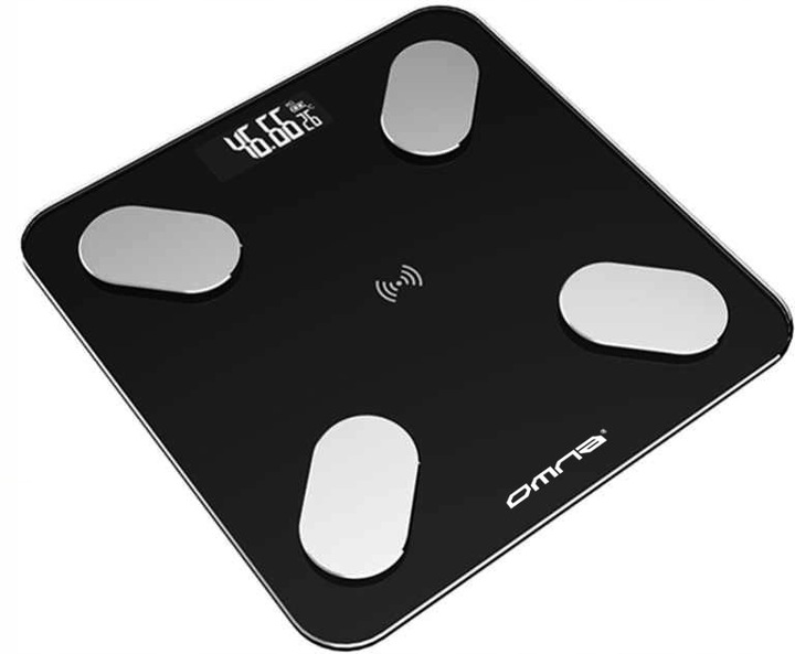 Inteligentna waga łazienkowa smart szklana OMNA aplikacja, miarka i baterie