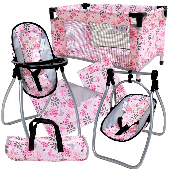 Zestaw dla lalek ŁÓŻECZKO + KRZESEŁKO do karmienia dla laki HUŚTAWKA 2w1