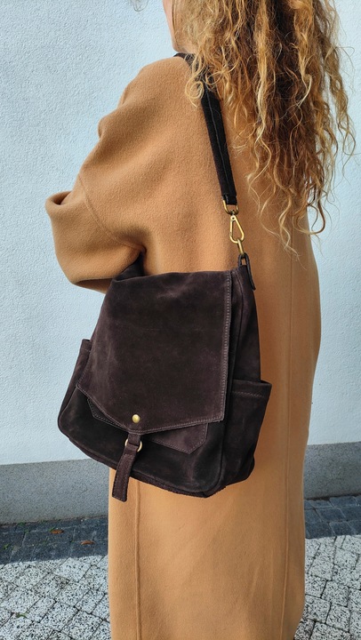 Zamszowa torebka worek skóra brązowa czekoladowa