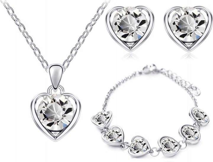 Srebrny komplet biżuterii srebrzone serduszka białe cyrkonie na prezent
