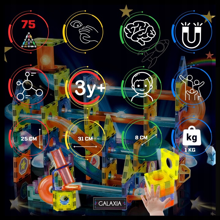 KLOCKI MAGNETYCZNE DUŻE 75 el Konstrukcyjne Świecące Dla Dzieci TOR KULKOWY