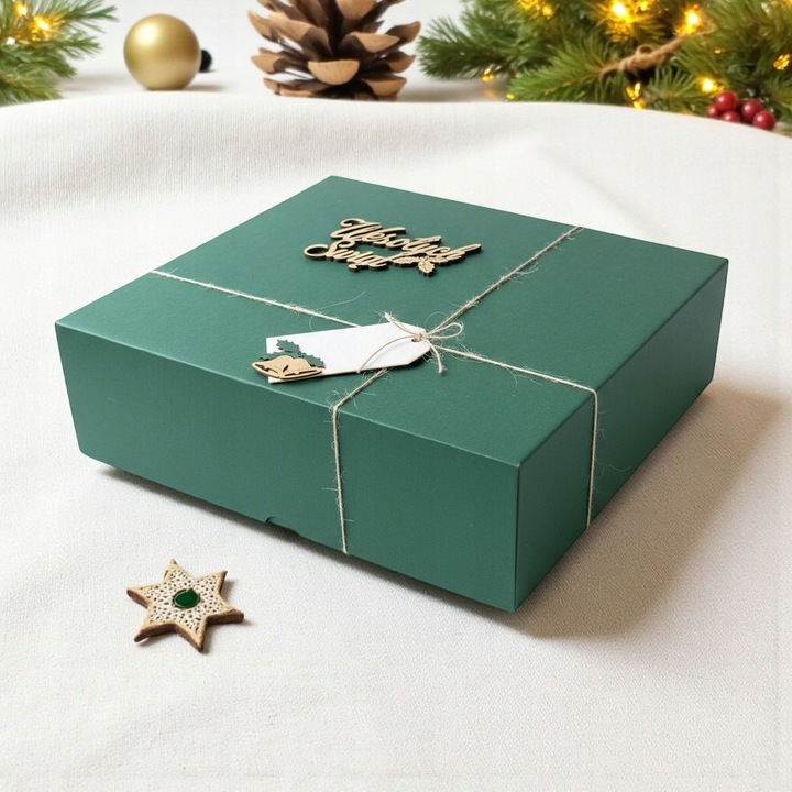 Pudełko prezentowe na prezent Święta zielone napis drewniany wypełnienie