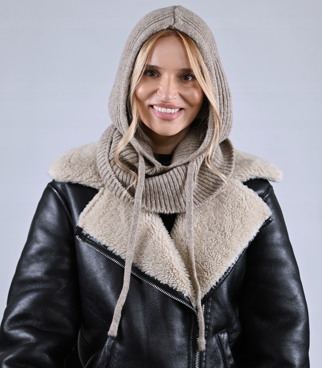 CZAPKA Kominiarka KAPTUR komin Balaclava damska ciepła miekka zimowa Latte