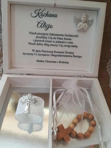 Pudełko na pieniądze prezent Pamiątka I Komunii chrzestnej dziadków aniołek