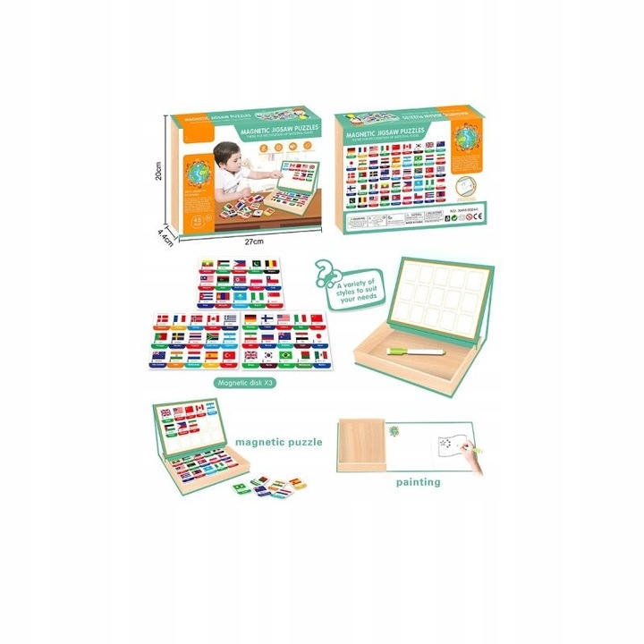 Puzzle Magnetyczne Edukacyjne Flagi Nauka i Zabawa 45 kart Państwa Świata