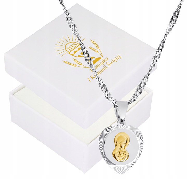 Medalik Komunijny Łańcuszek Srebrny Matka Boska Serce do Komunii do Chrztu