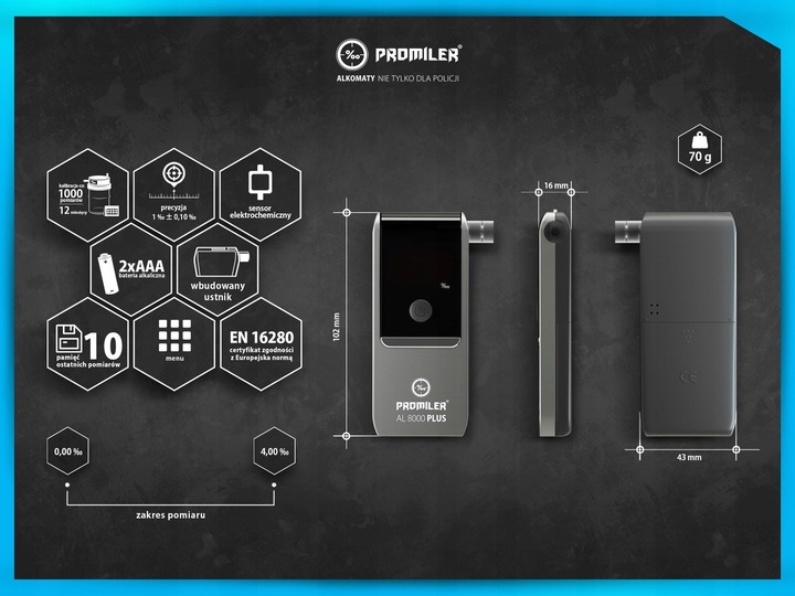 Alkomat PROMILER AL 8000 PLUS + 12 miesięcy kalibracji + ustniki