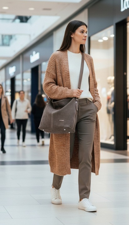 Modne torebki z zamszu naturalnego taupe duże a4 markowe LOCCATI skórzane