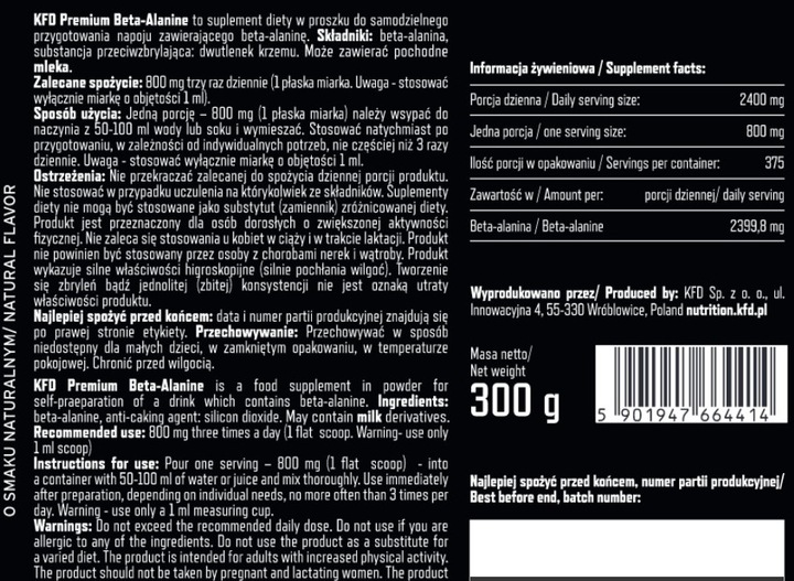 KFD Premium Beta-Alanine 300 g Naturalny