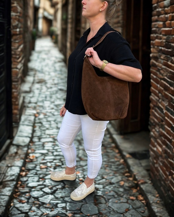 BRĄZOWA ZAMSZOWA TOREBKA WOREK CZEKOLADOWA TOREBKA ZAMSZ NATURALNY NA ZAMEK