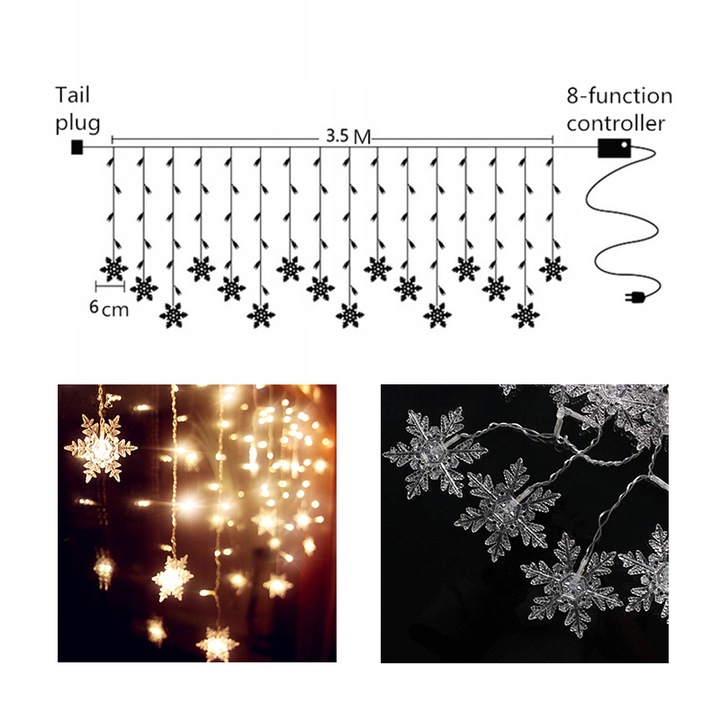 KURTYNA ŚWIETLNA LAMPKI ŚNIEŻYNKI 96 LED BIAŁY CIEPŁY GIRLANDA OKIENNA 3,5m