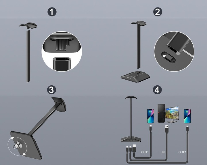 STOJAK STATYW NA SŁUCHAWKI NEW BEE GAMINGOWY PODŚWIETLENIE RGB LED HUB USB