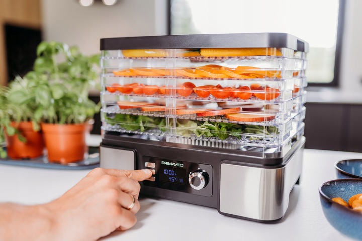 DUŻA SUSZARKA DO GRZYBÓW OWOCÓW TERMOOBIEG 450W ZEGAR PRIMAVEO POJEMNA 12L