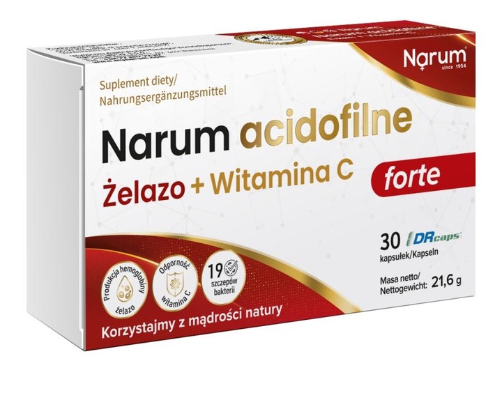 Narum Acidofilne Żelazo + witamina C 600 mg, 30 kapsułek