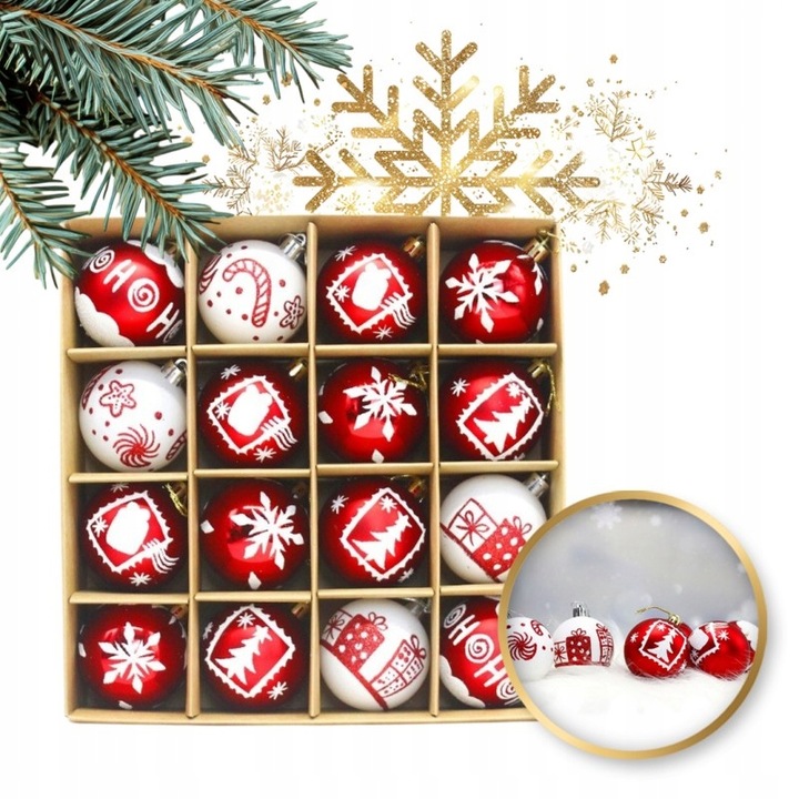 Bombki choinkowe czerwono-białe 16 szt 6 cm | Zestaw ozdób świątecznych