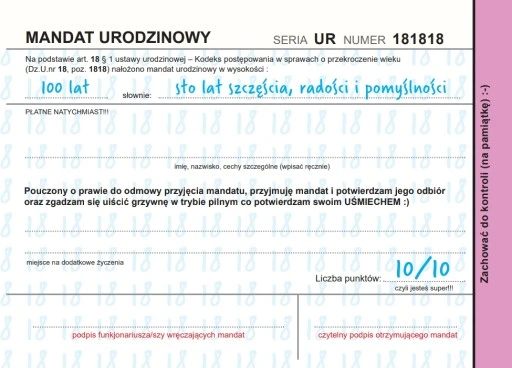 Kartka Urodzinowa - Mandat do wypisania 18 lat On