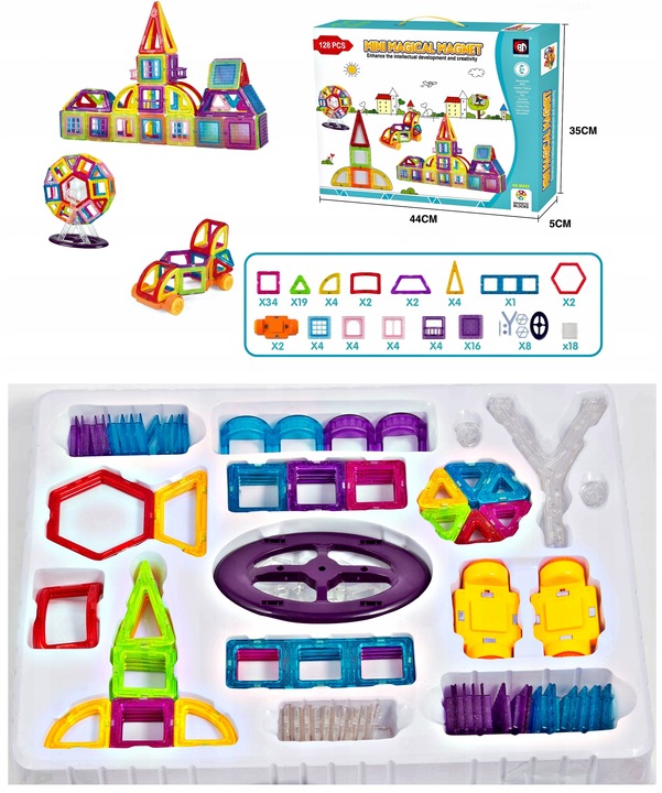 KLOCKI MAGNETYCZNE KONSTRUKCYJNE 3D ZESTAW 128 ELEMENTÓW DLA DZIECKA