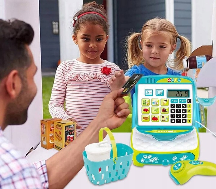 KASA FISKALNA SKLEPOWA Z DOTYKOWYM PANELEM KOSZYK DO ZABAWY DLA DZIECI