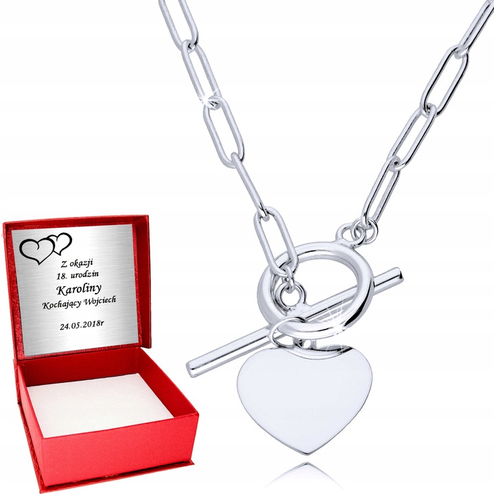 Srebrny Naszyjnik 925 Łańcuch Serce Kółko Grawer