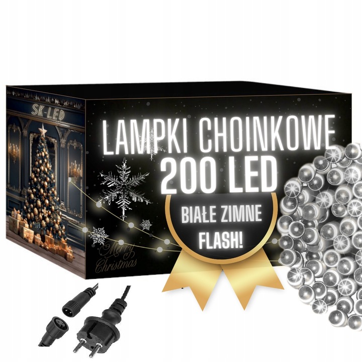 Lampki CHOINKOWE 200 LED BIAŁE ZIMNE FLASH ZEWNĘTRZNE WEWNĘTRZNE