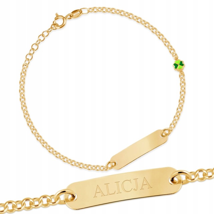 Bransoletka Srebrna 925 Złocona z Grawerem Koniczynka Prezent na Chrzest