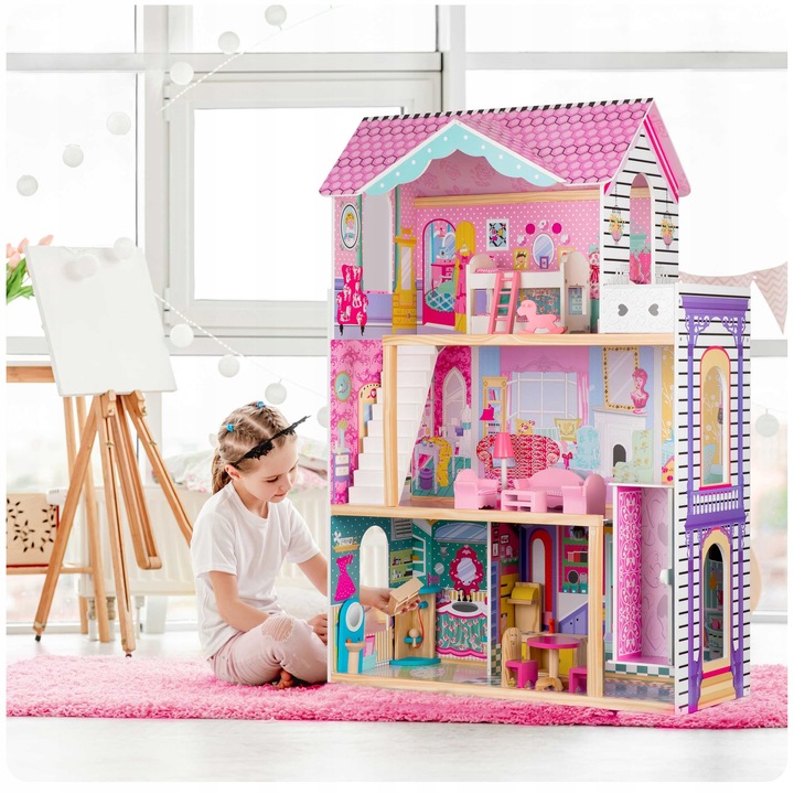 XXL DUŻY DREWNIANY RÓŻOWY DOMEK DLA LALEK MEBLE WINDA AKCESORIA LED