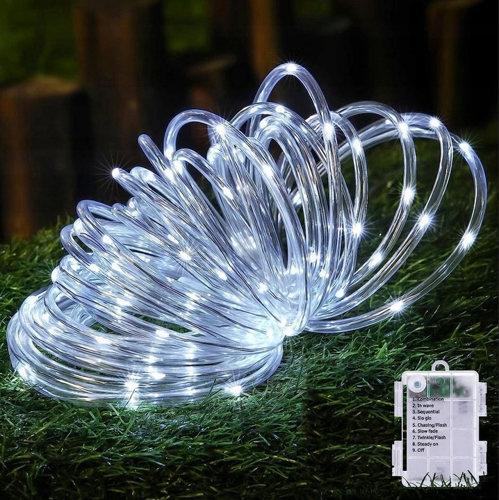 Lampki choinkowe na zewnątrz wąż na baterie z pilotem 12m - biały zimny