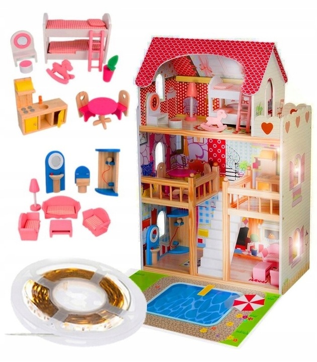 Duży Domek Dla Lalek XXL Drewniany Mebelki Do Zestawu Oświetlenie LED