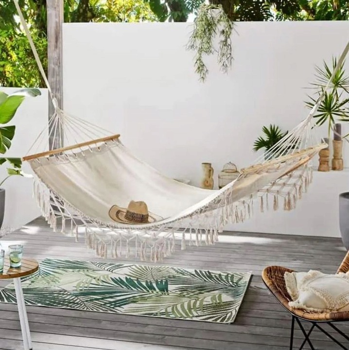 HAMAK OGRODOWY BOHO MAKRAMOWY DRĄŻEK PAŁĄK JEDNOOSOBOWY POKROWIEC BEŻOWY