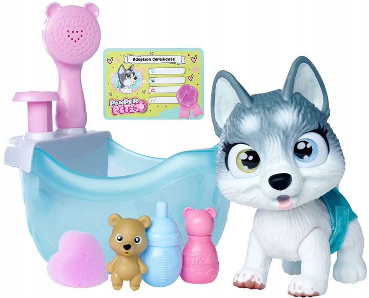 PAMPER PETZ ZESTAW Z WANNĄ INTERAKTYWNY PIESEK HUSKY PIJE SIKA + BUTELECZKA