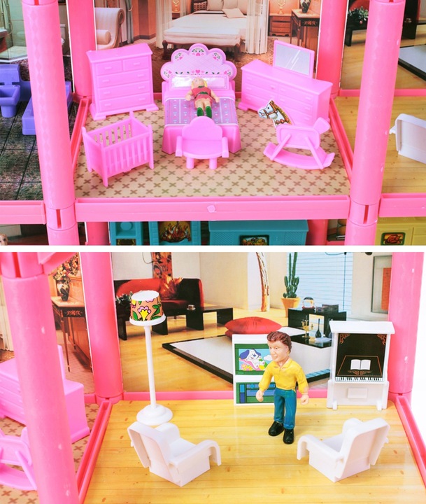 DOMEK DLA LALEK WILLA RÓZOWA MEBLE LALKI LALECZKI TARAS SAMOCHÓD DO ZABAWY