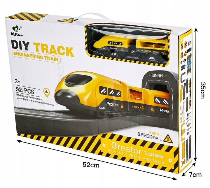 KOLEJKA ELEKTRYCZNA TORY POJAZDY MOSTY DOMKI POCIĄG WAGONY 92 elementów