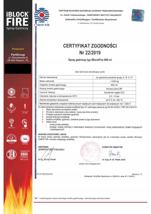 GAŚNICA iBlockFIRE ABCF+E 0,6L. 100%BIO SPRAY GAŚNICZY iBlockFIRE ZASIĘG 8M