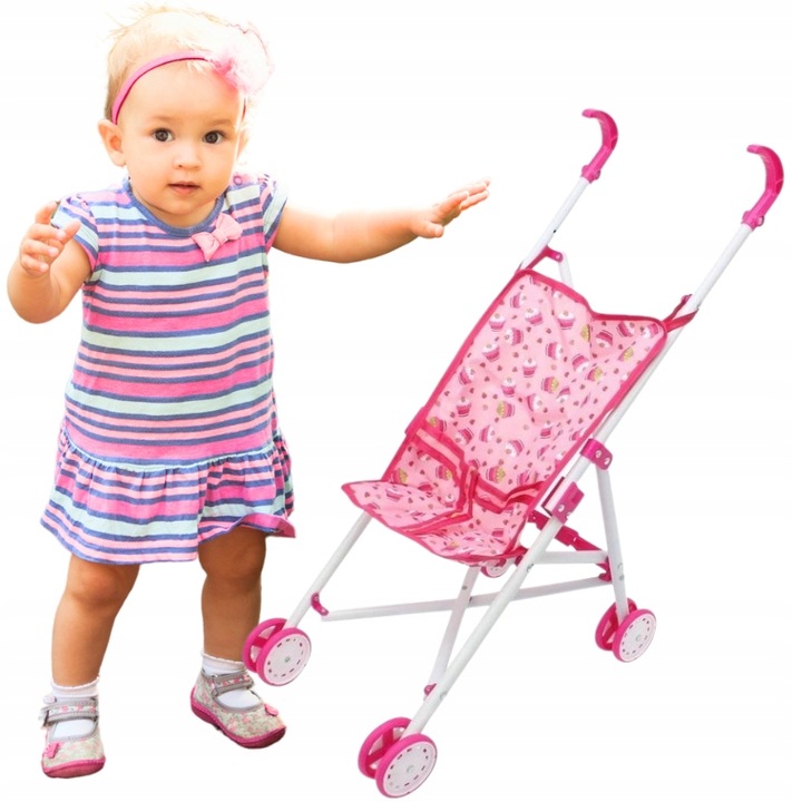 RÓŻOWY WÓZEK DLA LALEK MISIÓW SPACERÓWKA PARASOLKA SKŁADANY
